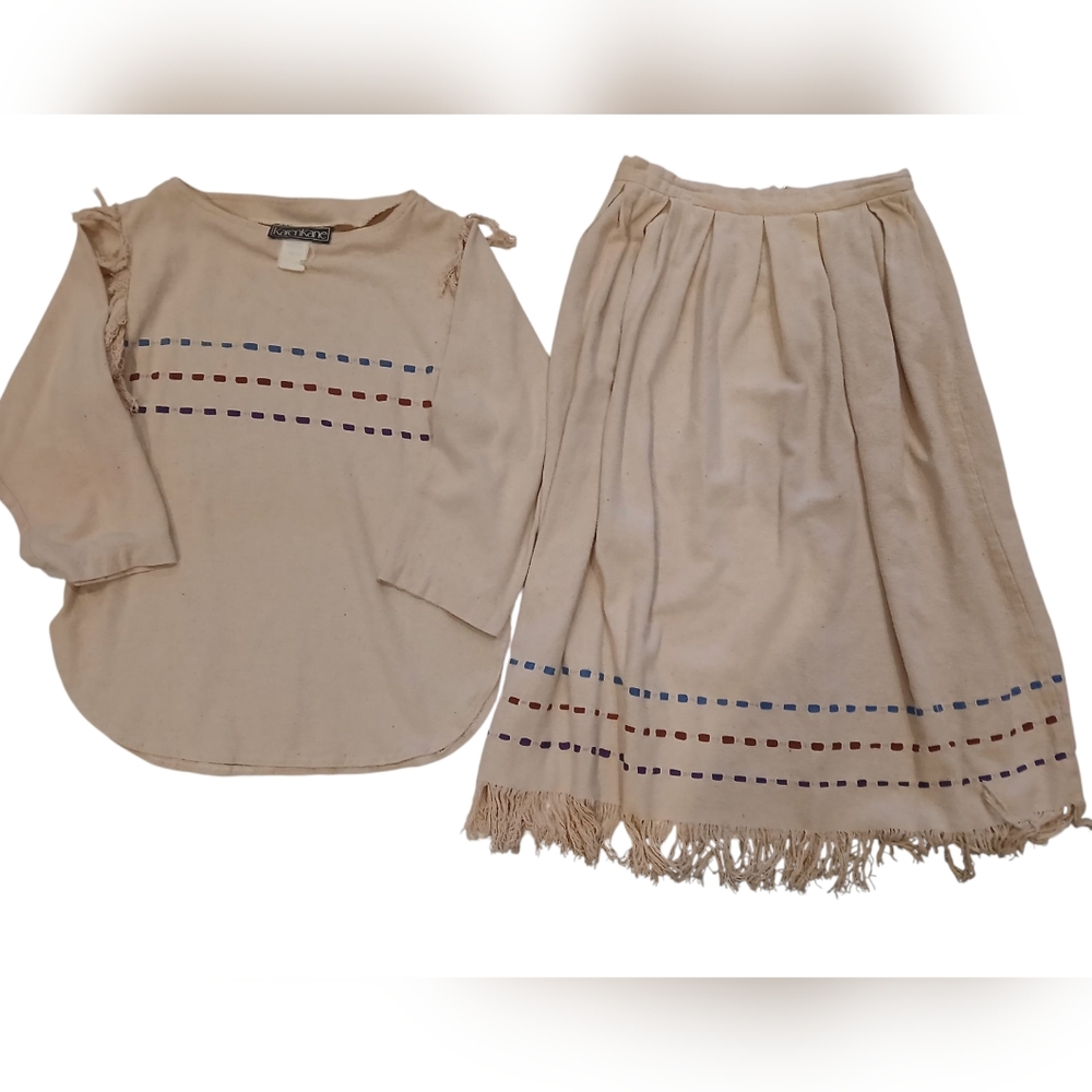 Karen Kane 2 Piece Skirt Set Sz  10 Top  Sz 12 Skirt Tan Fringe Vintage
